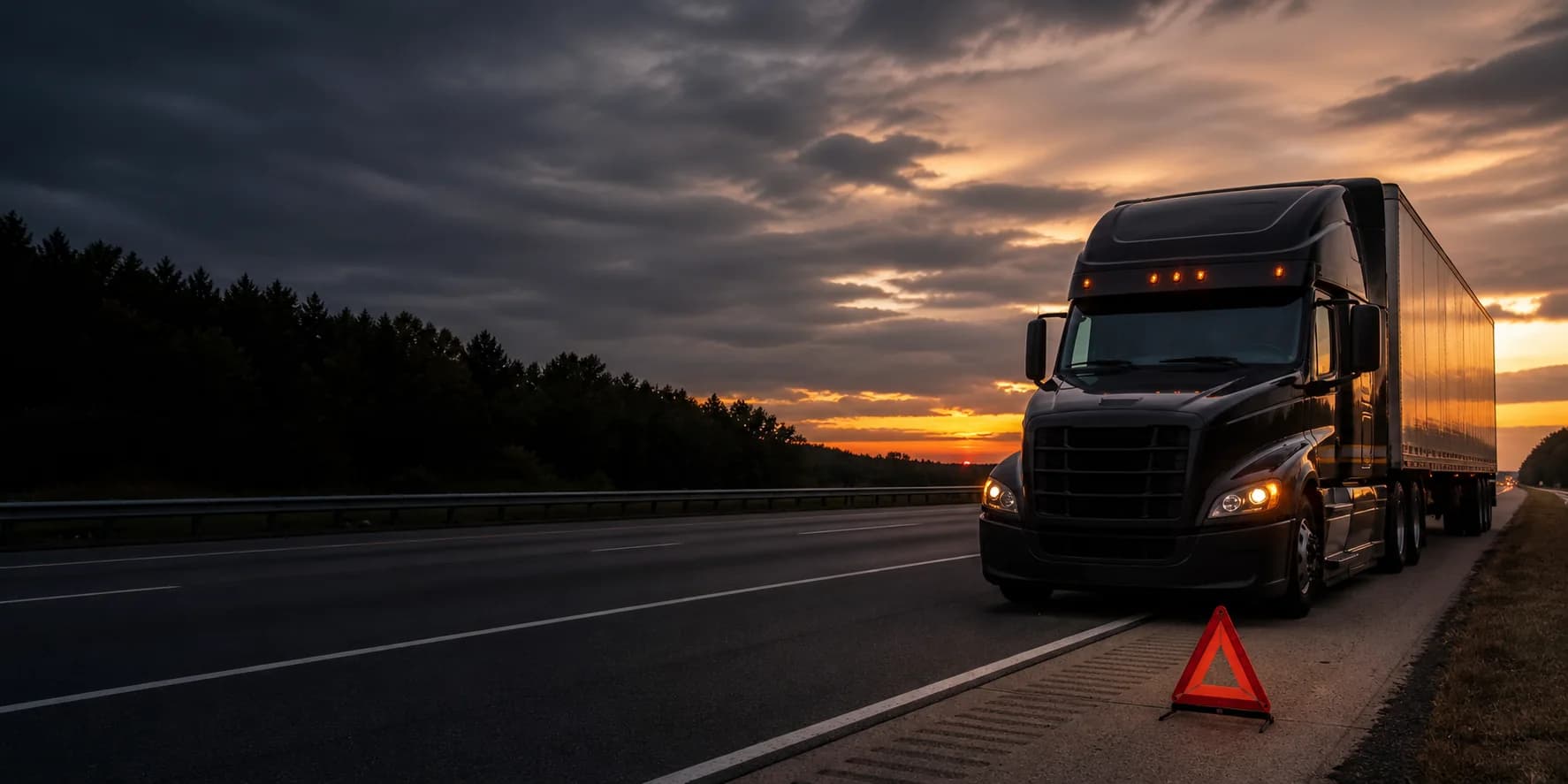 Black semi-truck safely stopped on a highway shoulder at dusk with an emergency warning triangle